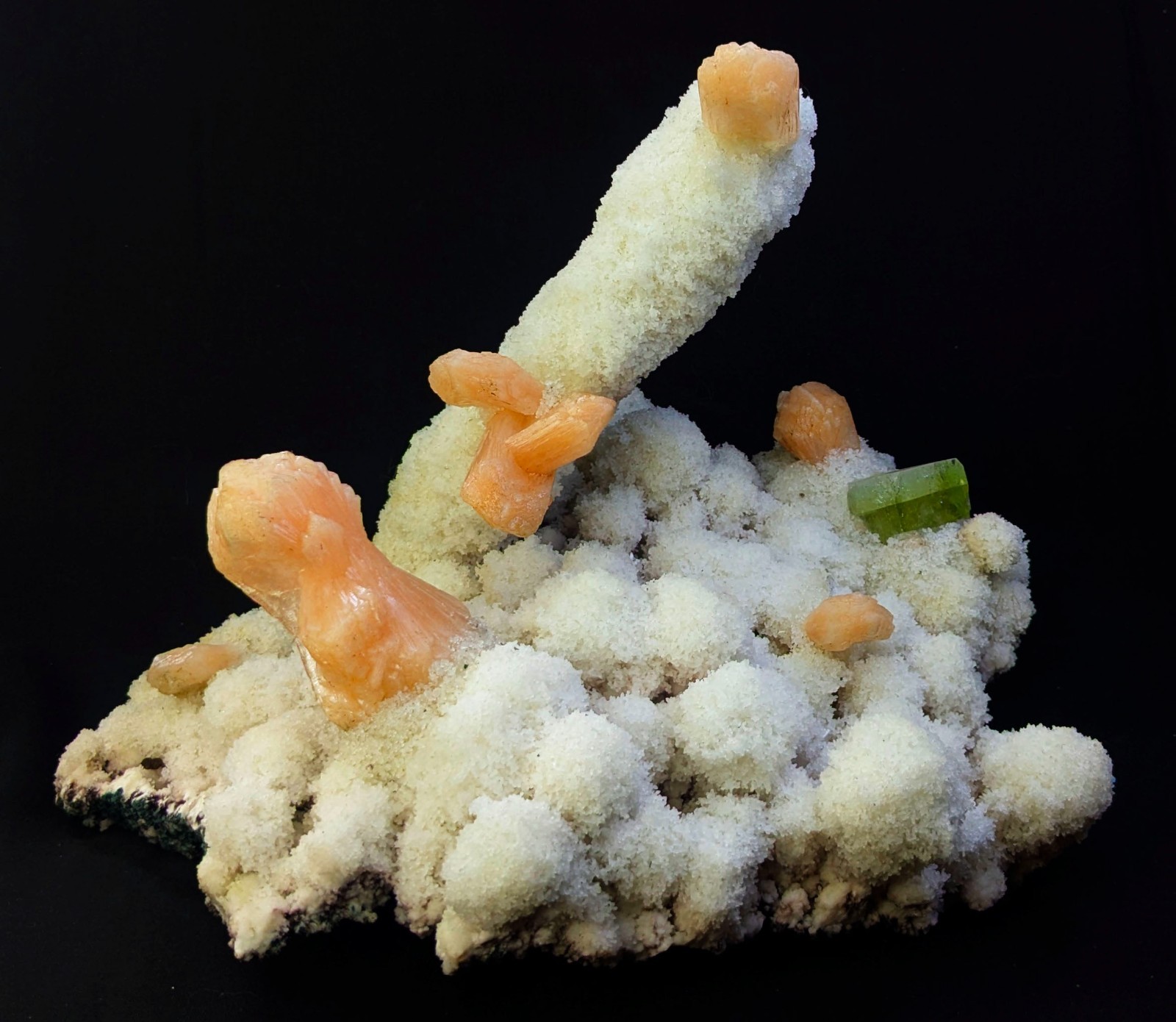Stilbite Bows W/ Green Apophyllite cube on coral chalcedony stick & plat mineral