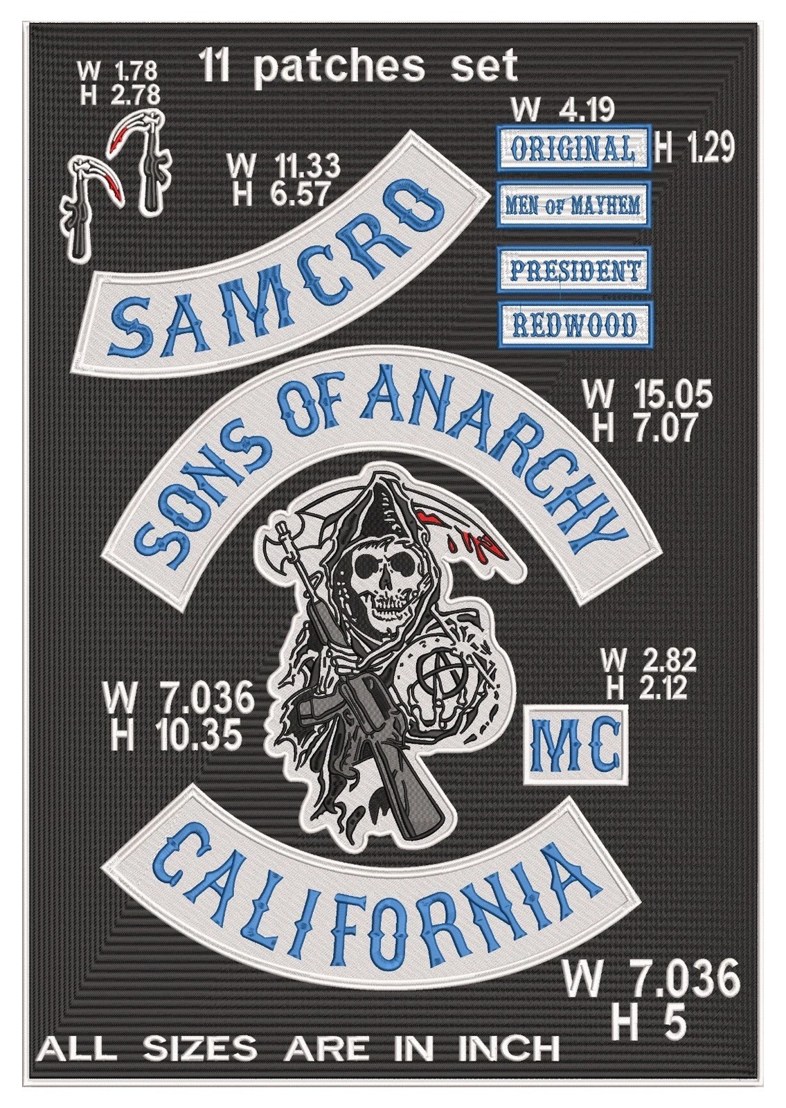 Sons Of Anarchy Emblem Motorcycle Biker Jacket Back Patch 11 Pcs Embroidered 