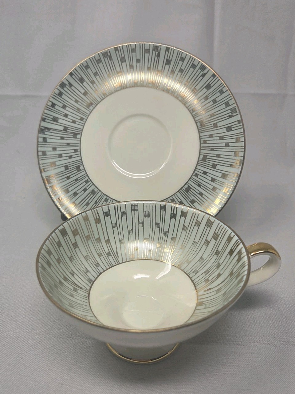 Vintage Mid Century Alka Kunst Bavaria Tea Cup Saucer Set Gold Atomic Starburst 