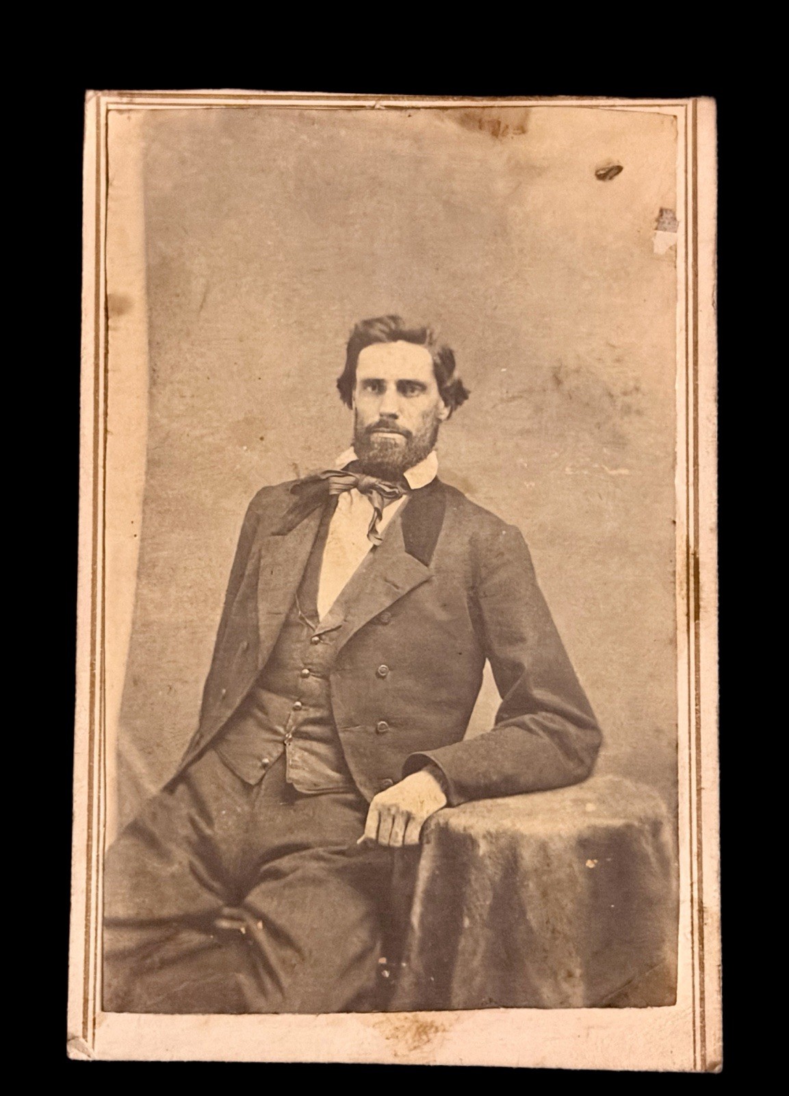 Antique CDV Civil War Portrait~Cent Revenue Stamp~Handsome Bearded Man~c. 1860s