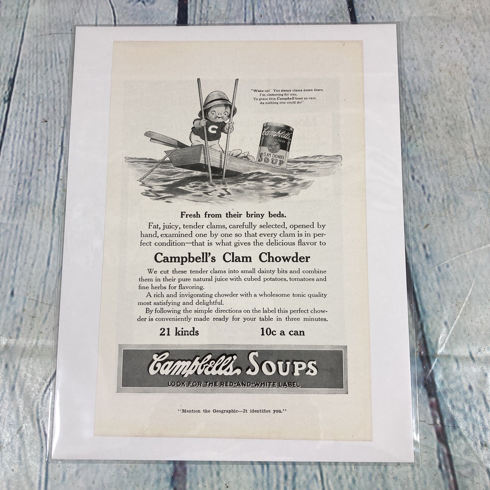 1916 Campbells Soup Clam Chowder WW1 Vtg Print Ad/Poster Promo Art Magazine Page