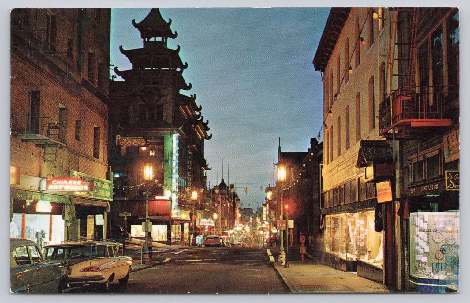 Vintage San Francisco Chinatown Night Street Scene Postcard, Grant Ave 1960s