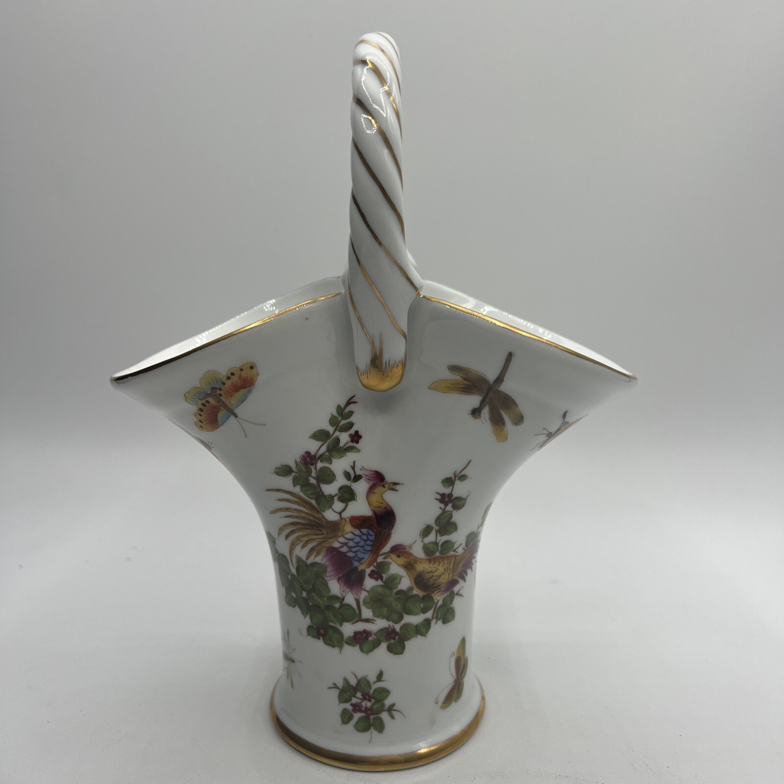 Vintage Limoges Porcelain Basket Birds Butterflies Flower Painted Gold Trim Vase