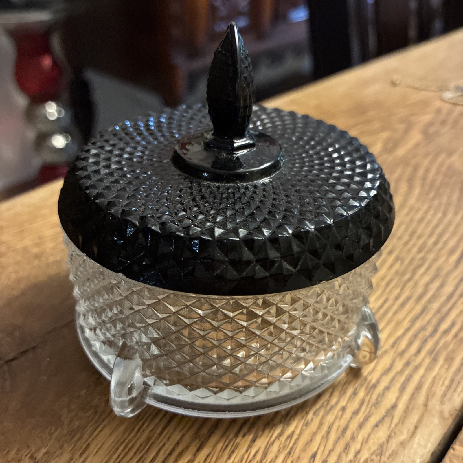 Antique 1930s New Martinsville Geneva Puff Box with Black Plume Finial Top