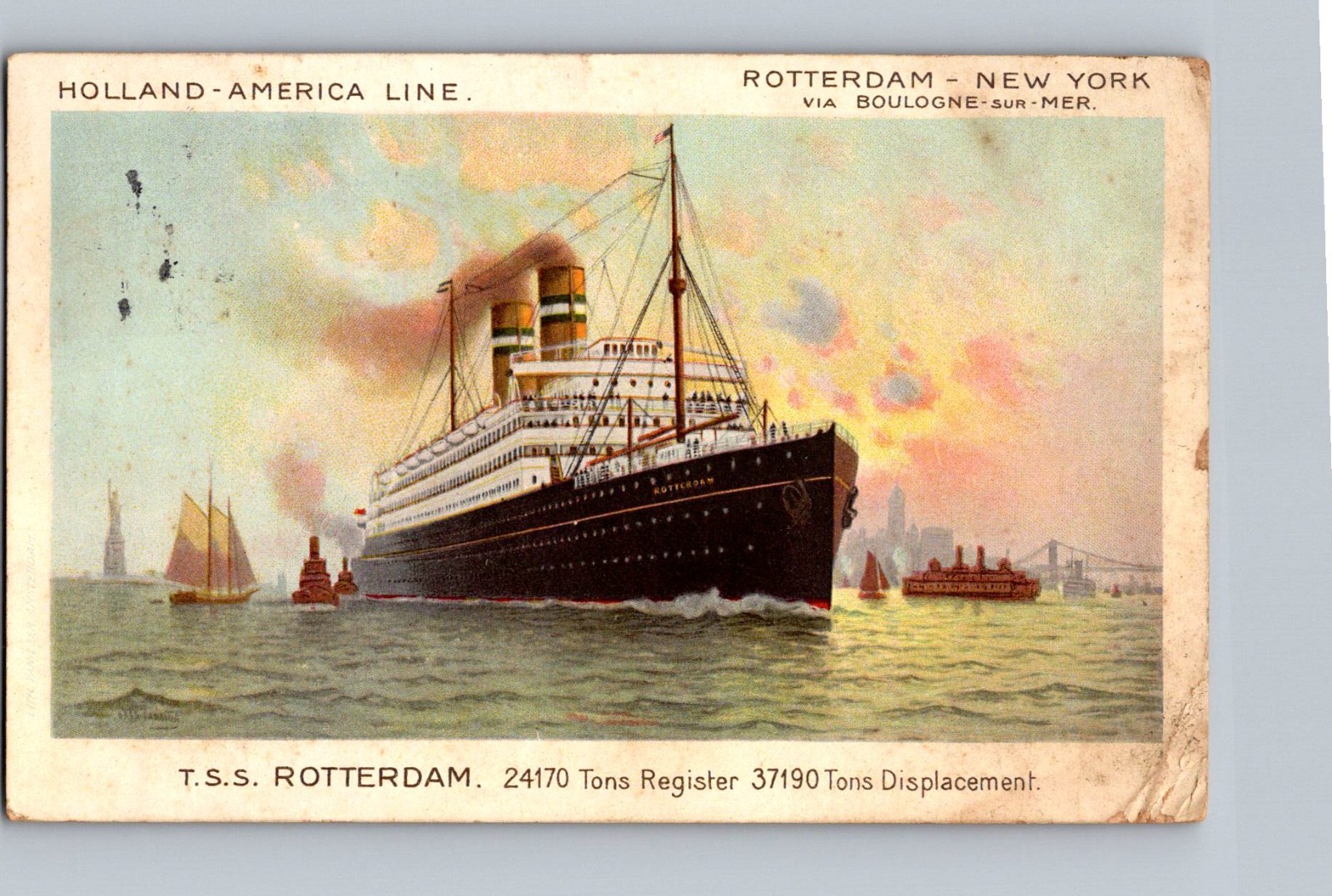 Postcard T.S.S. Rotterdam Steam Ocean Liner Holland-American LineNew York  1914