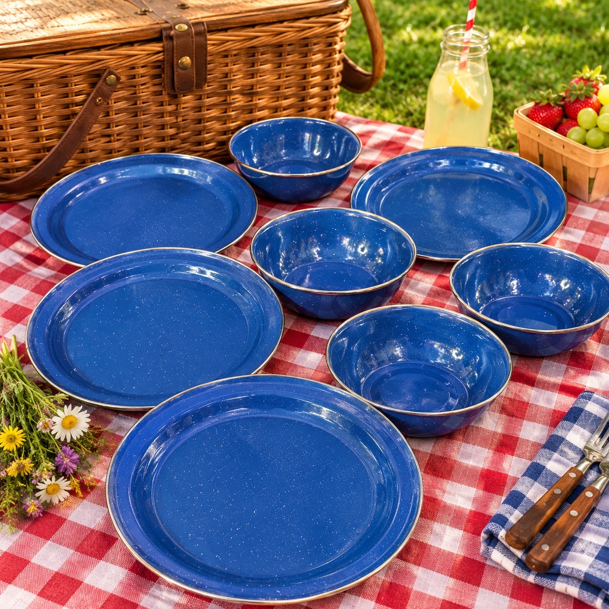 Vintage Blue Enamelware Plates & Bowls Speckled Silver Rim Camping Set of 4