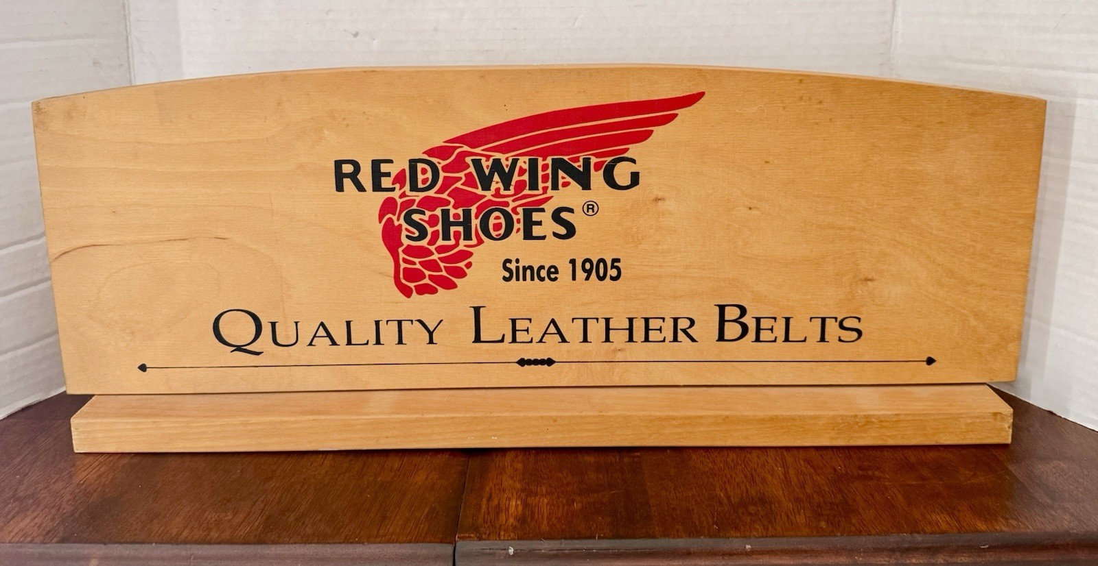 Red Wing Shoes Quality Leather Belts Advertising Wood Sign Double Sided 20” x 7”