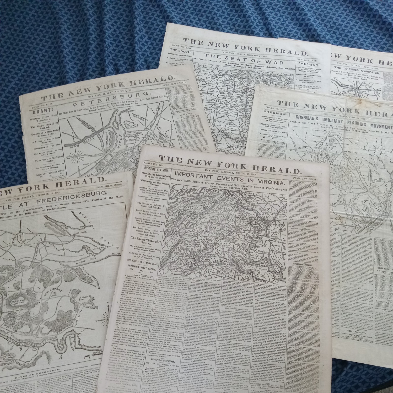 Lot Of Six BETTER Front Page Civil War Maps. New York Herald Newspapers