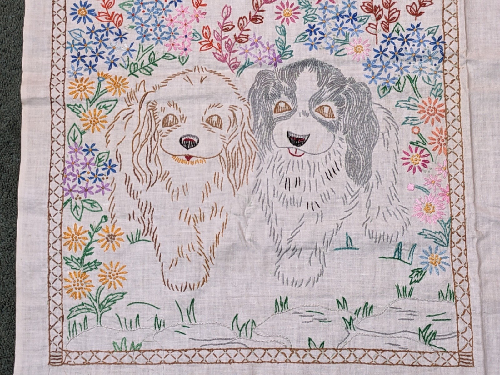 Vintage Handmade Sampler Puppies And Flowers Super Cute