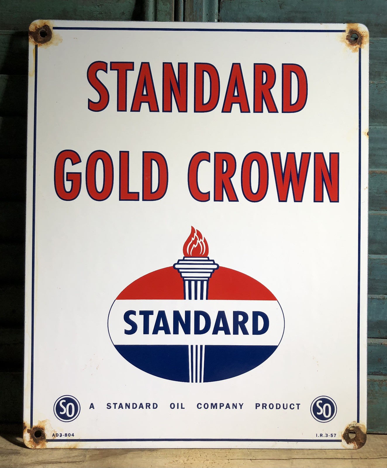VINTAGE 1957 DATED STANDARD GOLD CROWN GASOLINE PORCELAIN GAS MOTOR OIL SIGN