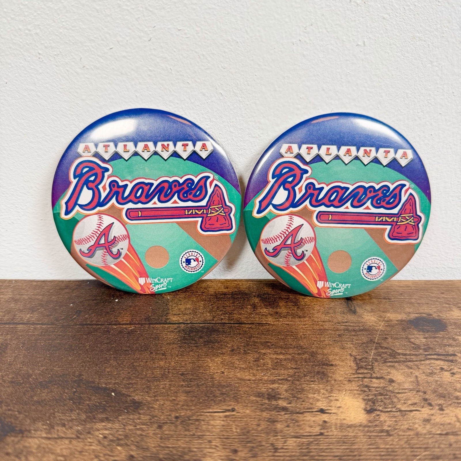 Vintage Atlanta Braves Pinback Buttons Wincraft MLB Lot x2 | 90’s Made In USA