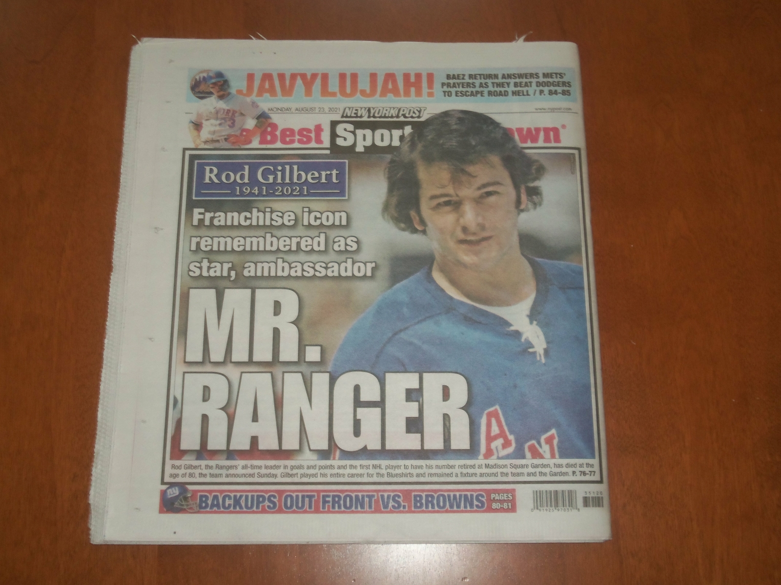 2021 AUGUST 23 NEW YORK POST NEWSPAPER -NY RANGERS ROD GILBERT DIED (1941-2021)