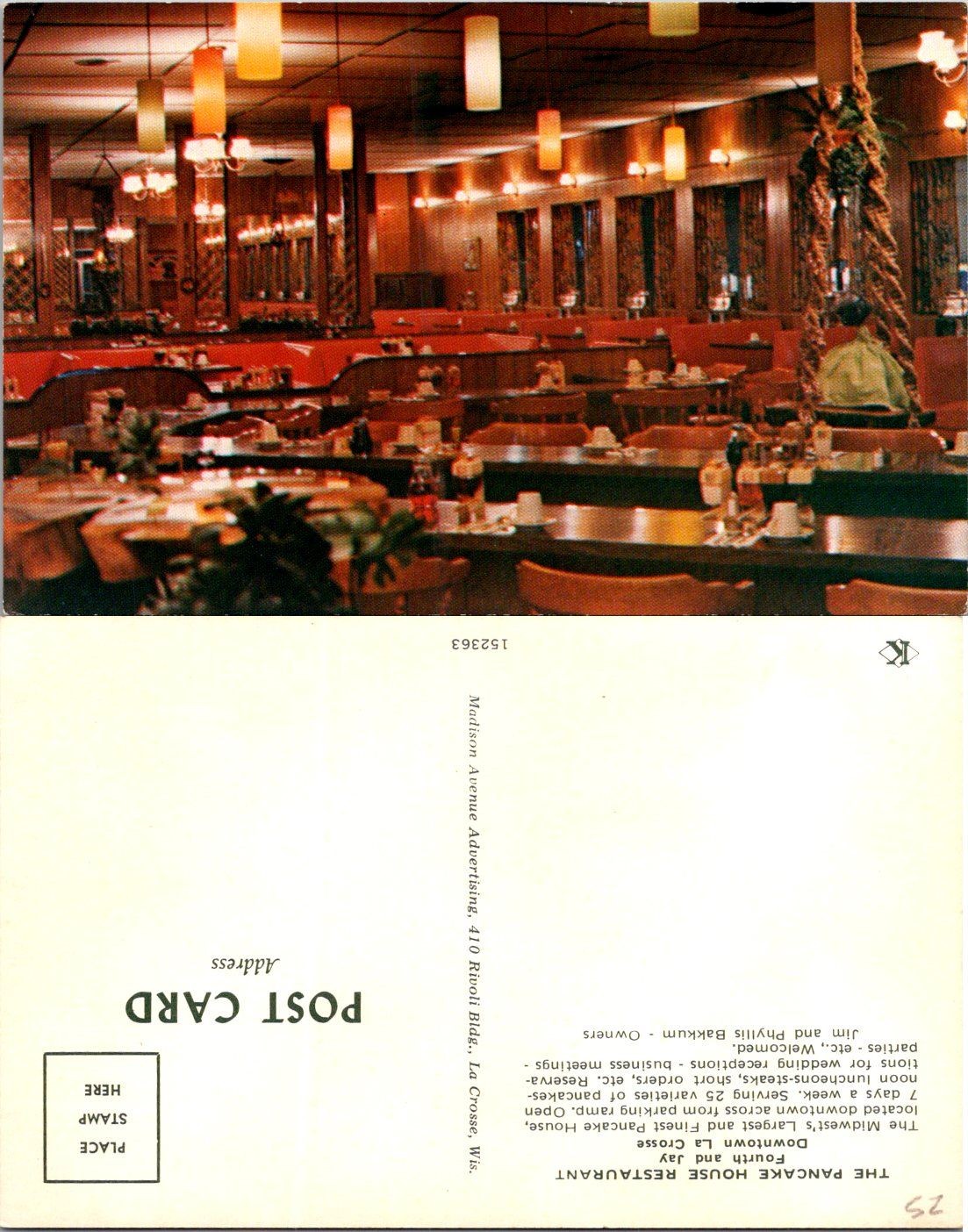 Vintage La Crosse WI The Pancake House Restaurant Postcard Unposted Dining Room