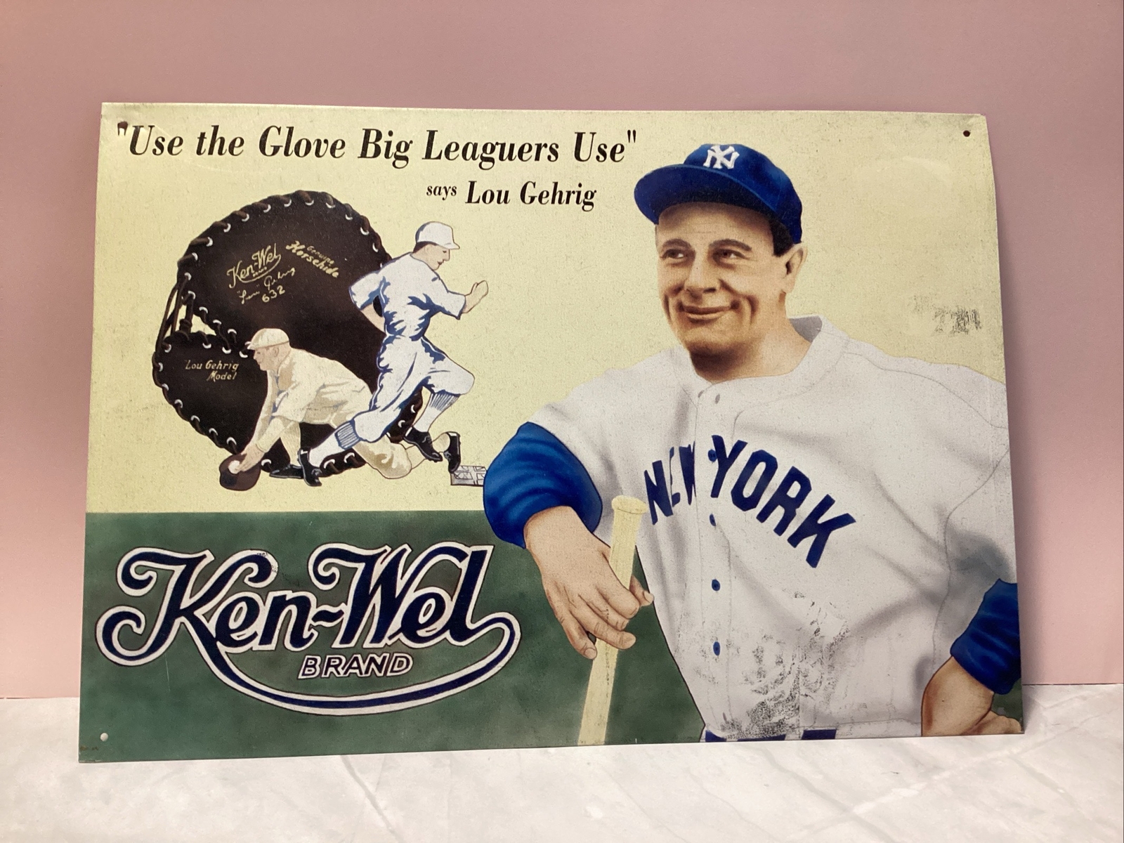 Lou Gehrig Yankees HOFr Tin Ken-Wel Brand Ad 16 x12
