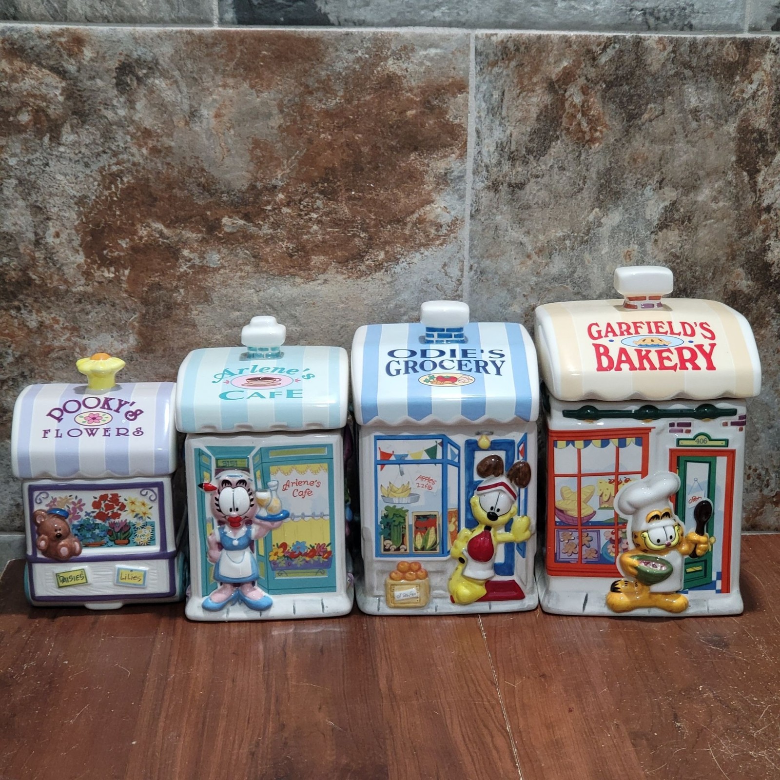 Vintage Garfield Danbury Mint Ceramic Canister Set Complete 4pc Bakery Grocery f