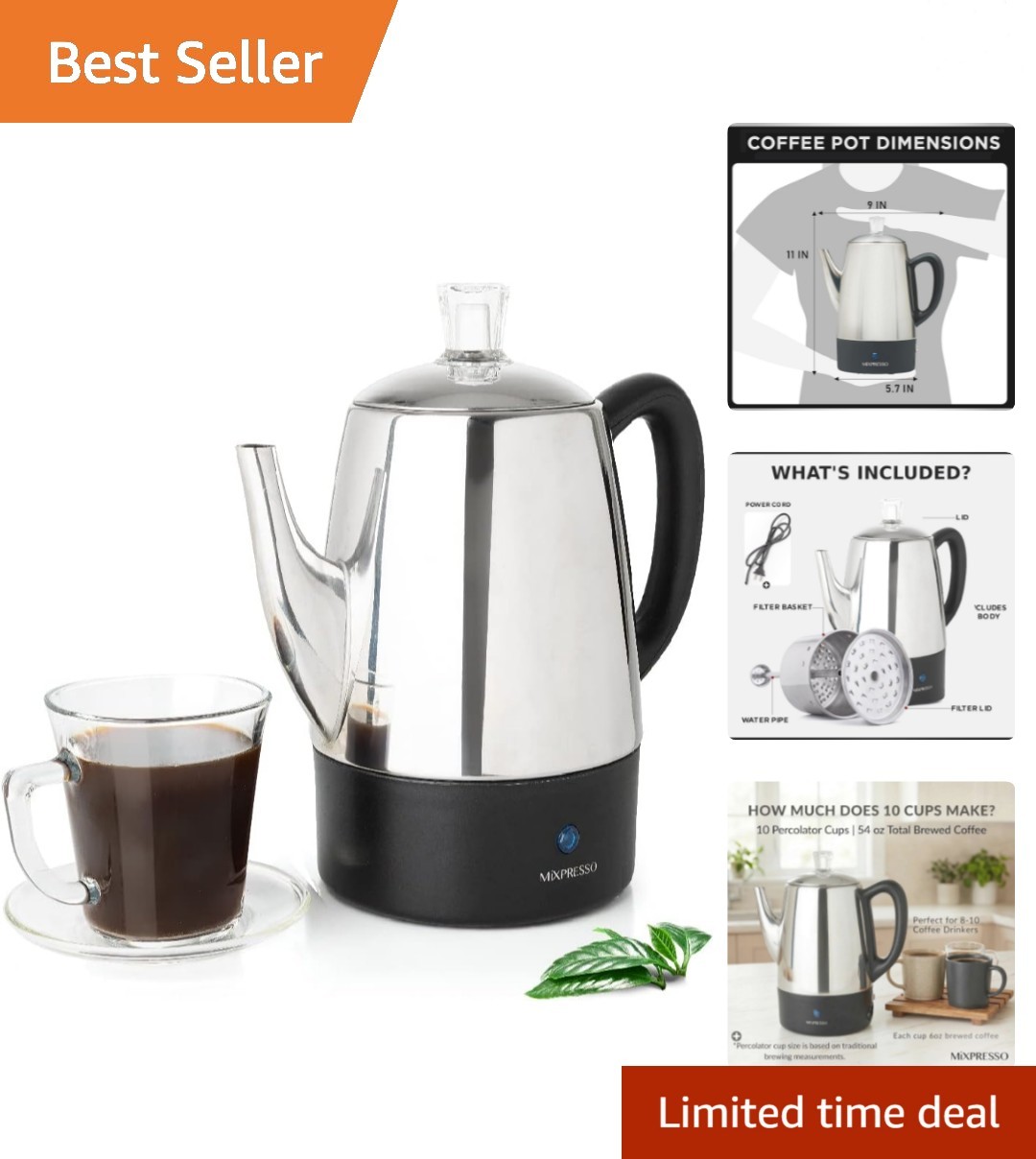 Elegant 10-Cup Electric Percolator Coffee Pot - Stainless Steel & Keep Warm