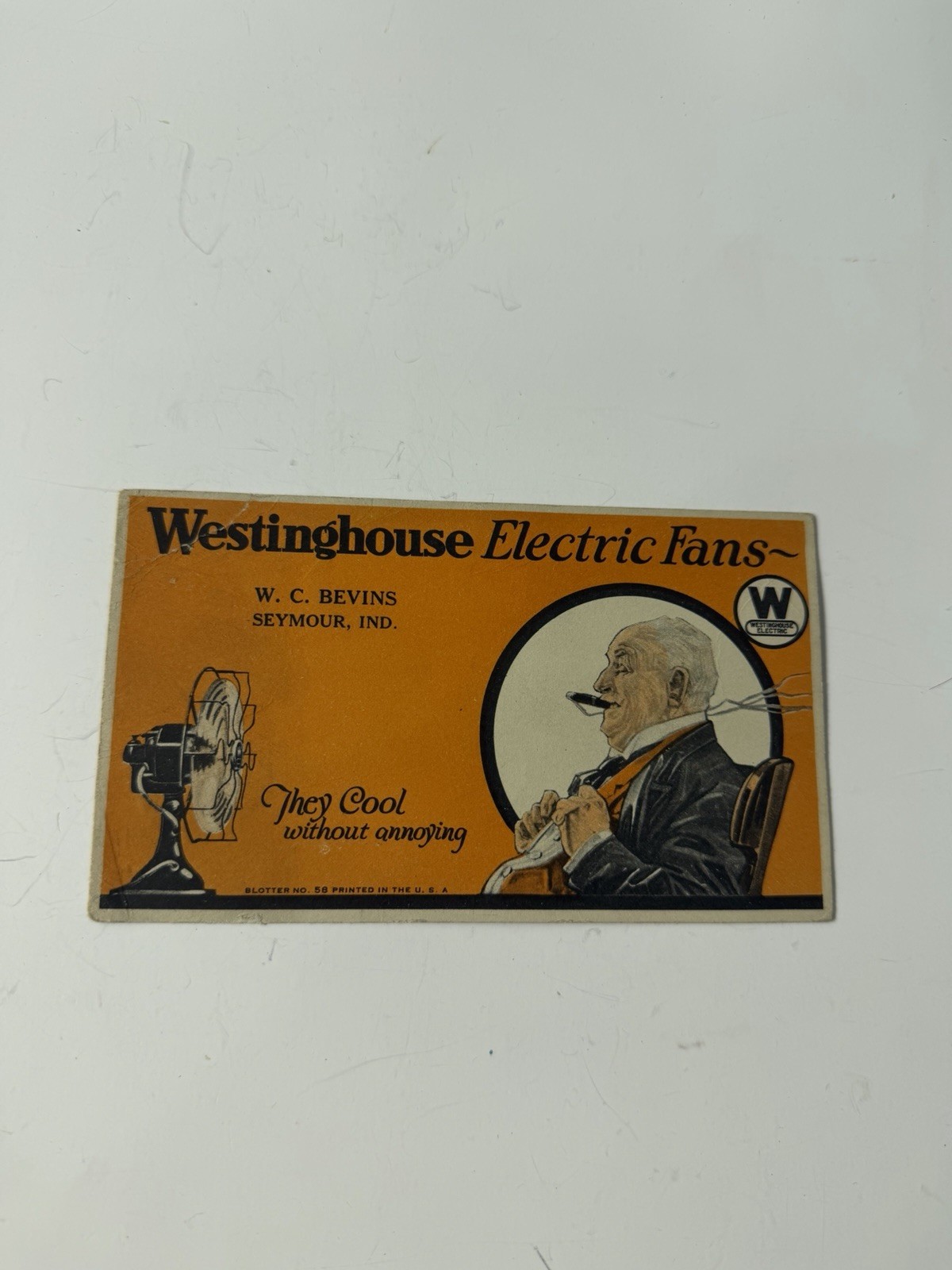 Antique Westinghouse Electric Fans Advertising Blotter Card WC Bevins Seymour IN