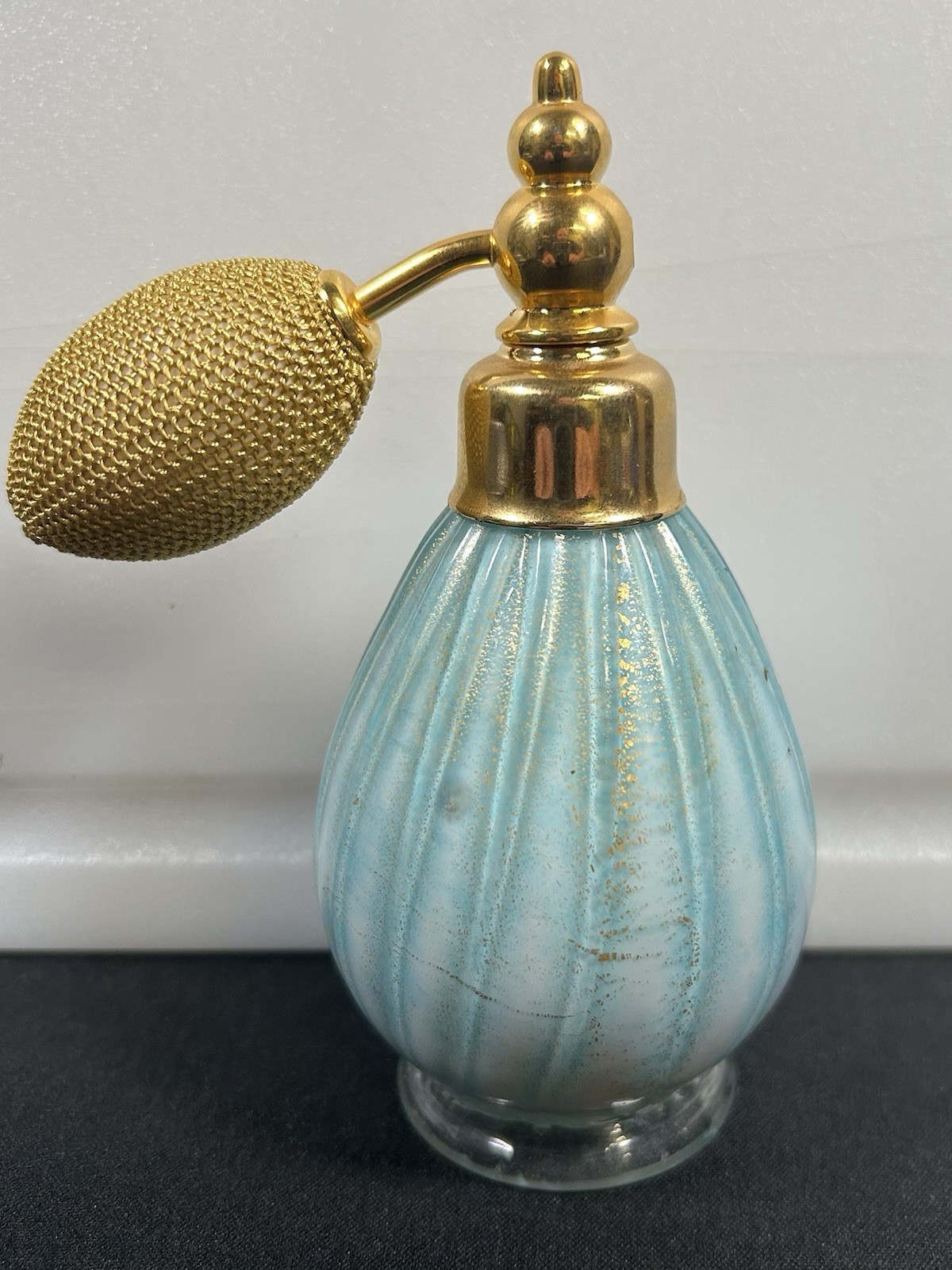 Pre-1920’s Hand Blown Czechoslovakian Blue And Gold W/ Ribbing Glass Atomizer