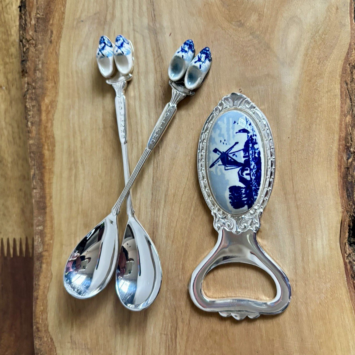 VTG 3 lot Delft blue slvr plated bottle opener & Delft blue slvr plated spoons