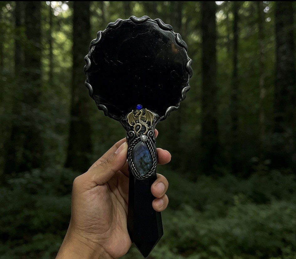 Handheld Obsidian Scrying Mirror Wand with Labradorite, Crystal Divination Tool