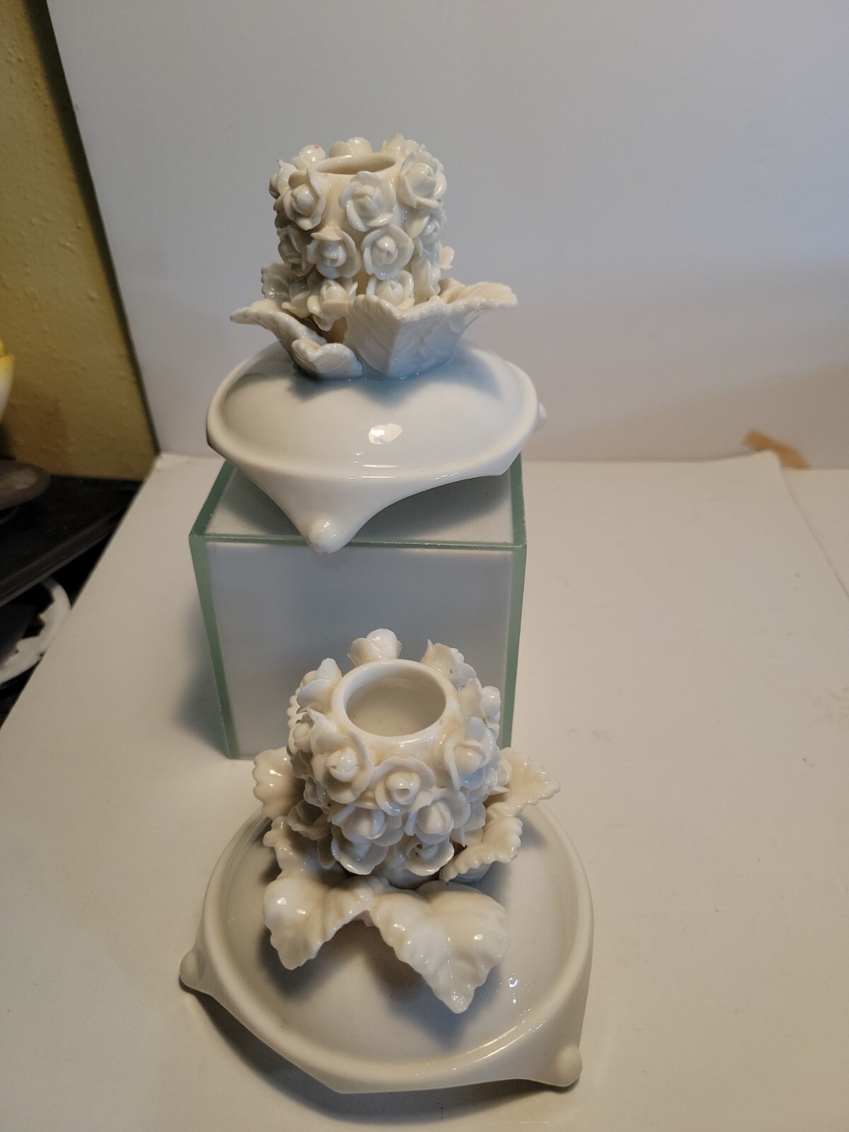 Arco White Rosebud Ceramic Candle Holders Made In Japan Milk Glass 