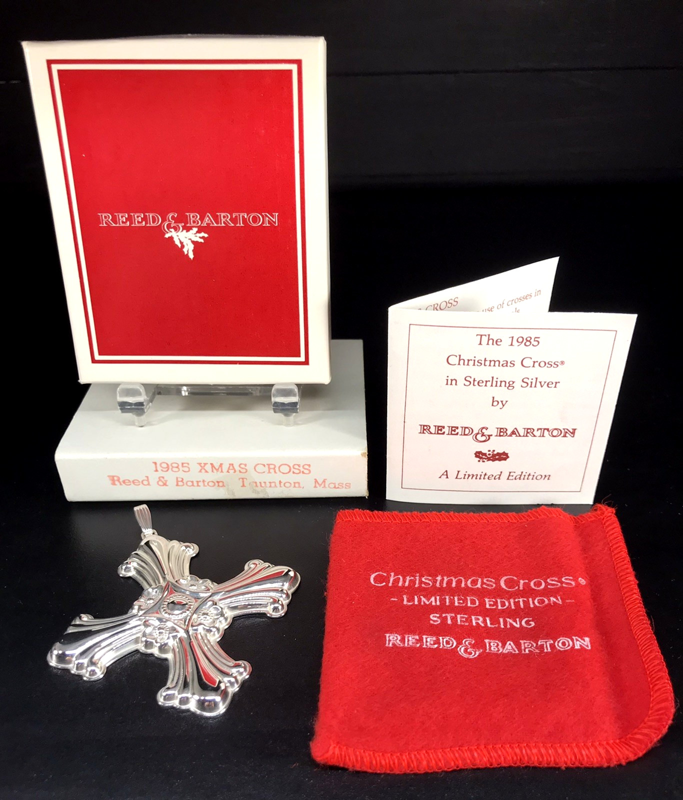 REED BARTON 1985 STERLING SILVER CHRISTMAS CROSS ORNAMENT 12g BOX POUCH SLEEVE