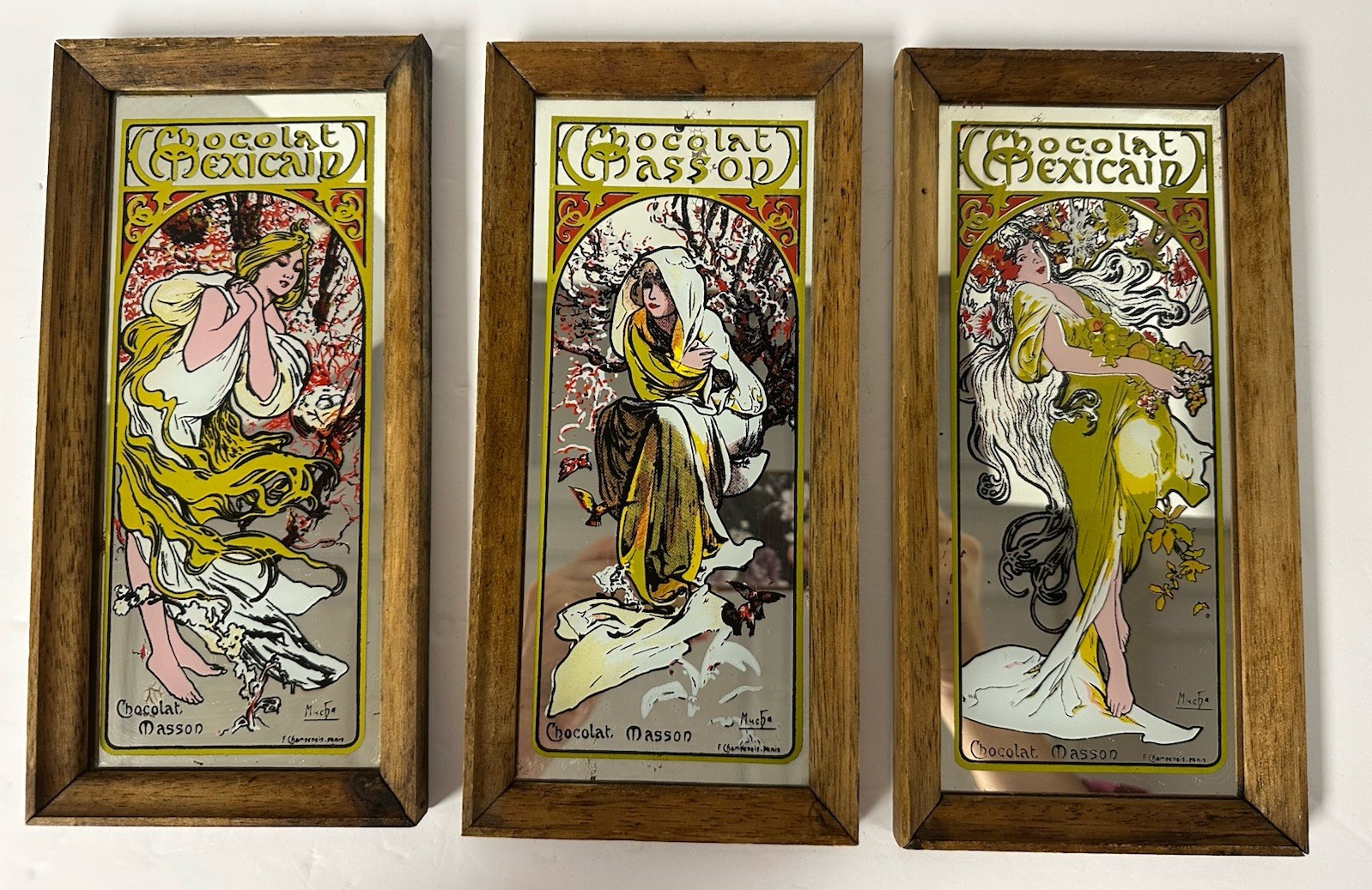Vtg Alphonse Mucha Art Nouveau Mirrors Set Of 3 Chocolat Masson Mexicain HK
