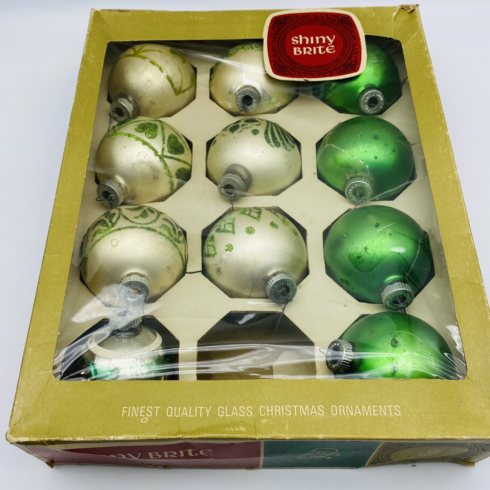 Vintage SHINY BRITE GREEN MICA GLITTER & Solid Mercury Glass Ornament mixed lot