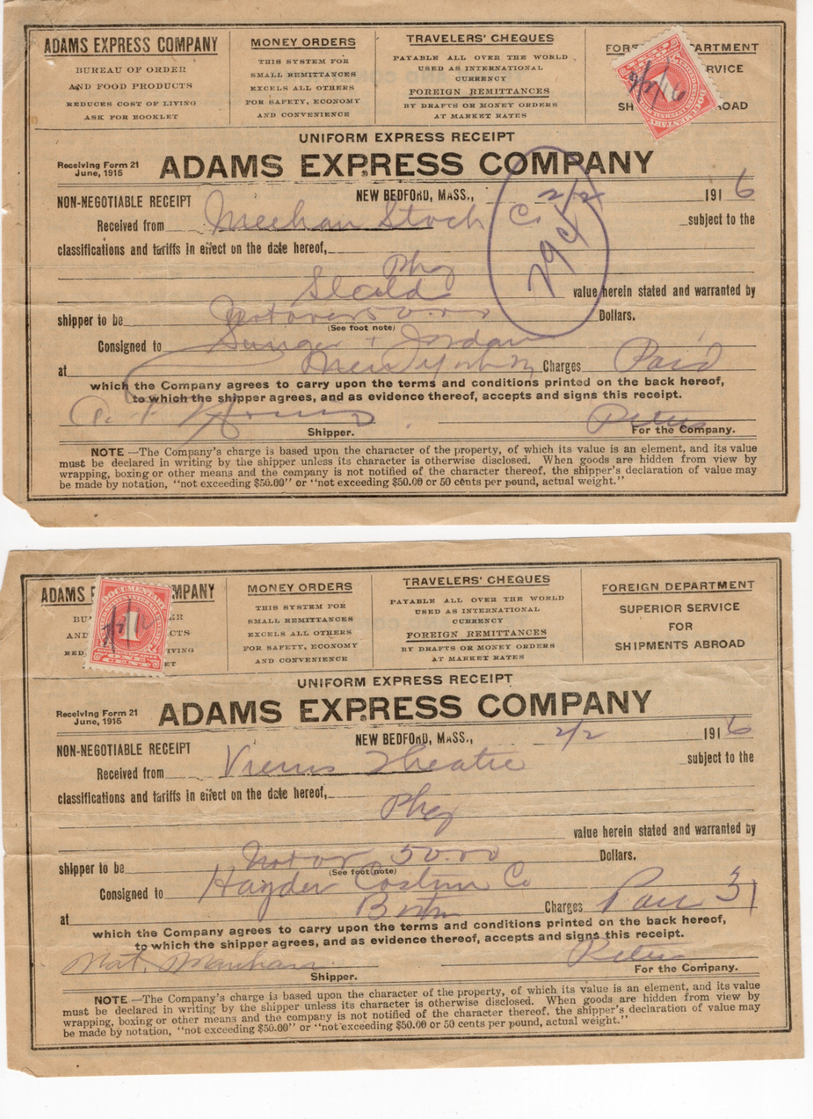 1916 New Bedford MASS Adams Express Co Receipts WWI Revenue Stamps Theater Film