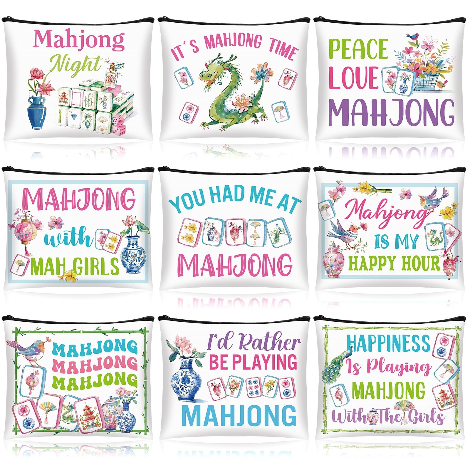 SilTriangle 9 Pcs Mahjong Cosmetic Bag Gifts 8.66 x 6.33 inches, Multicolor