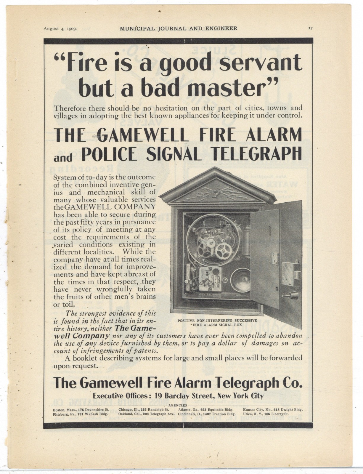 1909 Gamewell Fire Alarm Telegraph Co. of NYC Ad: Signal Box Interior Pictured