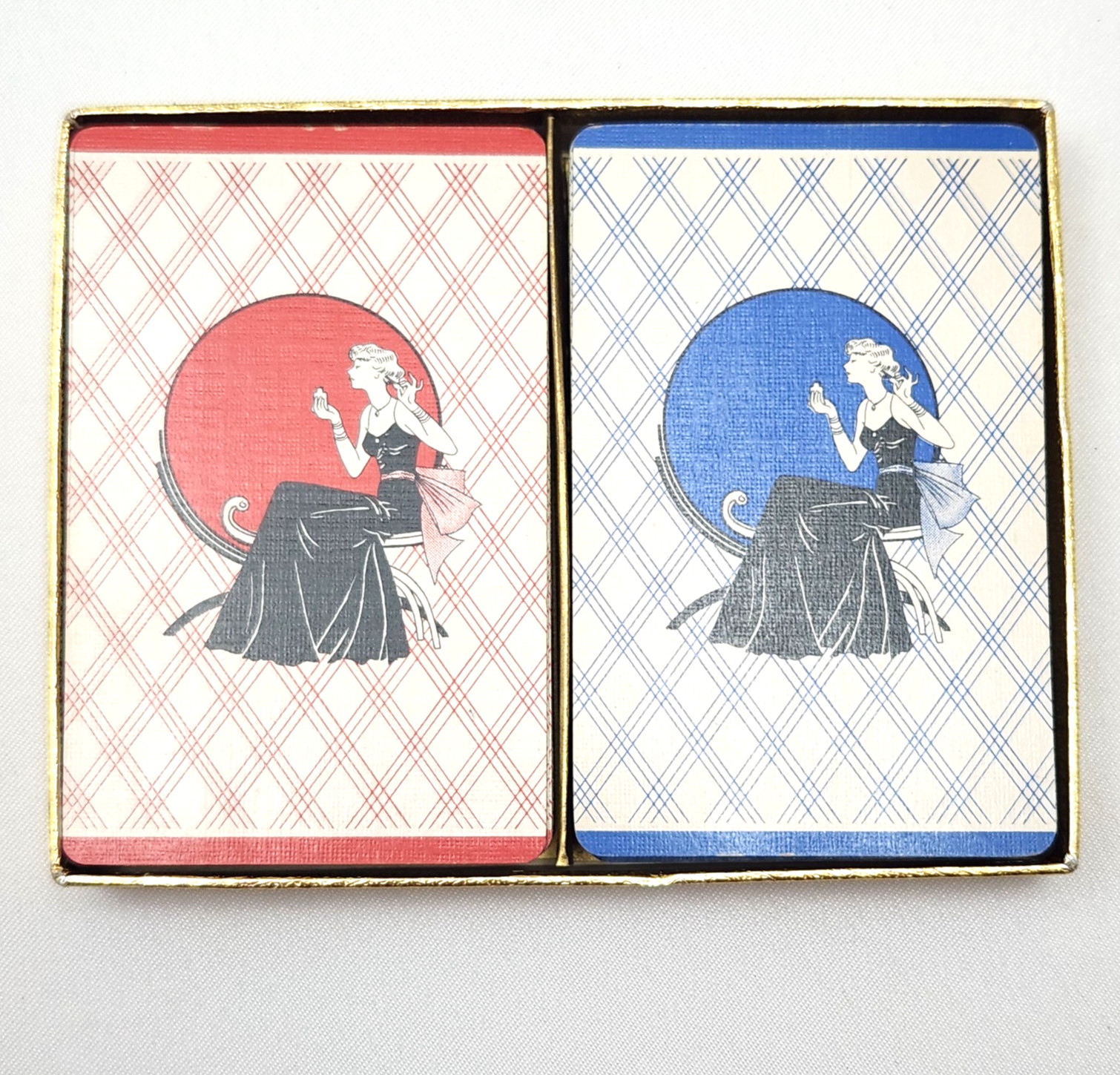 Vtg 1930s Art Deco Playing Cards Bridge Set In Box Red Blue Lady Dabbing Perfume