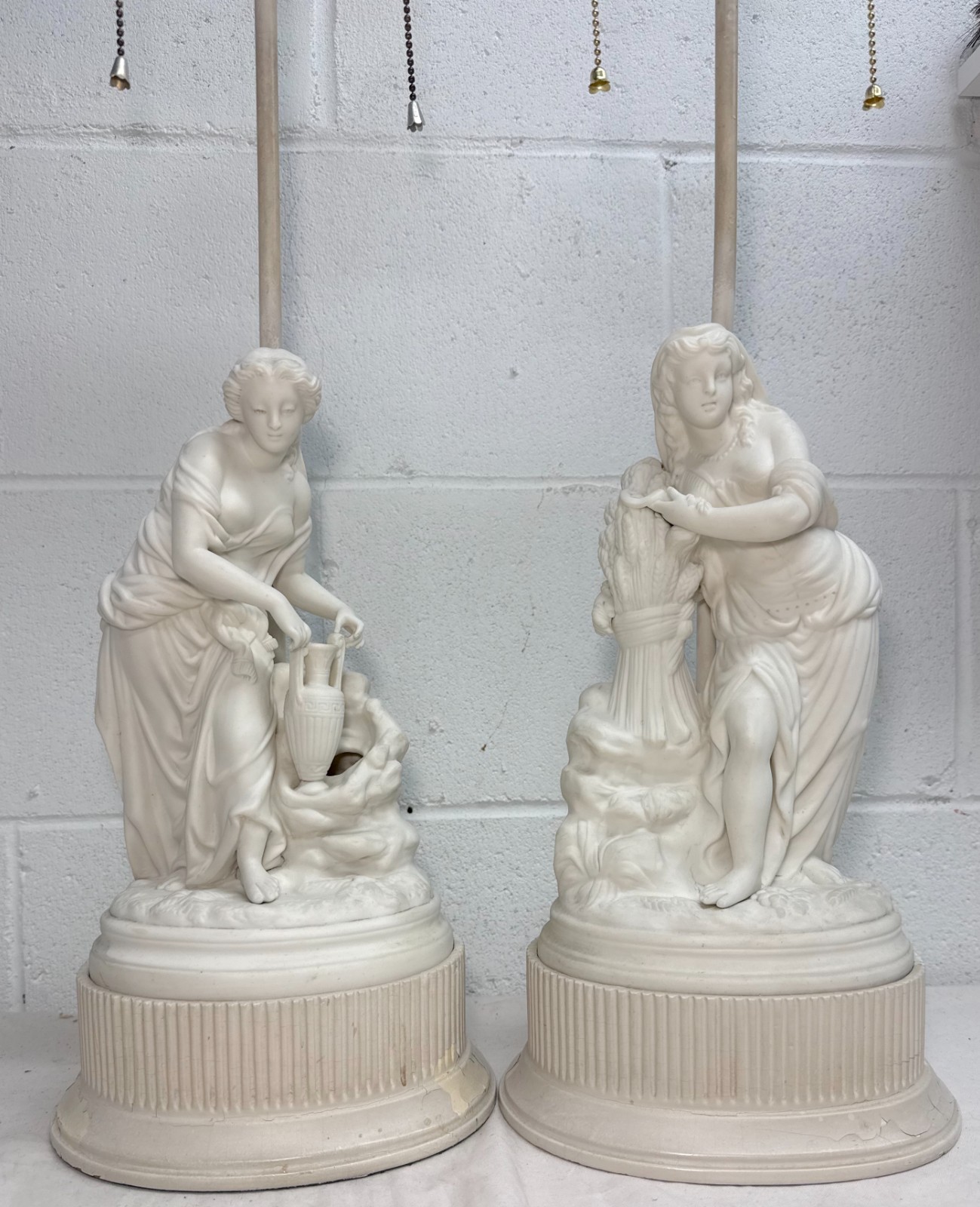 Pair antique French NeoClassical parian porcelain figural electric table lamps
