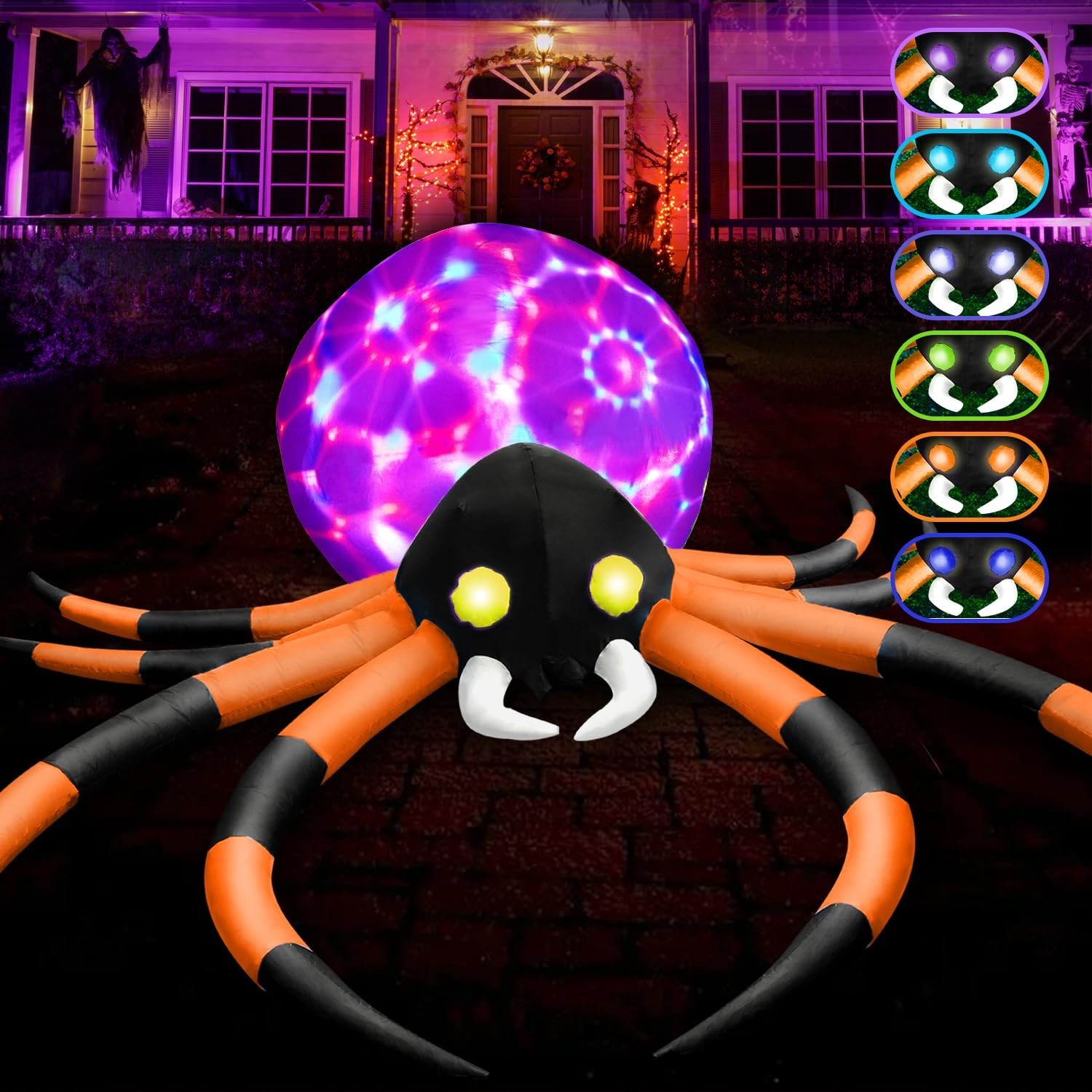 12Ft Halloween Inflatable Spider with Color-Changing Eyes & Flashing Belly - Out