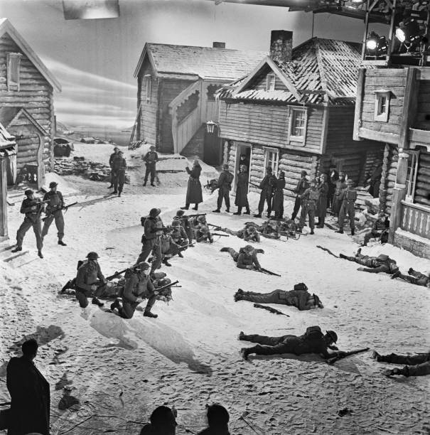 Actors dressed military uniform during shooting action scene wa- 1942 Old Photo