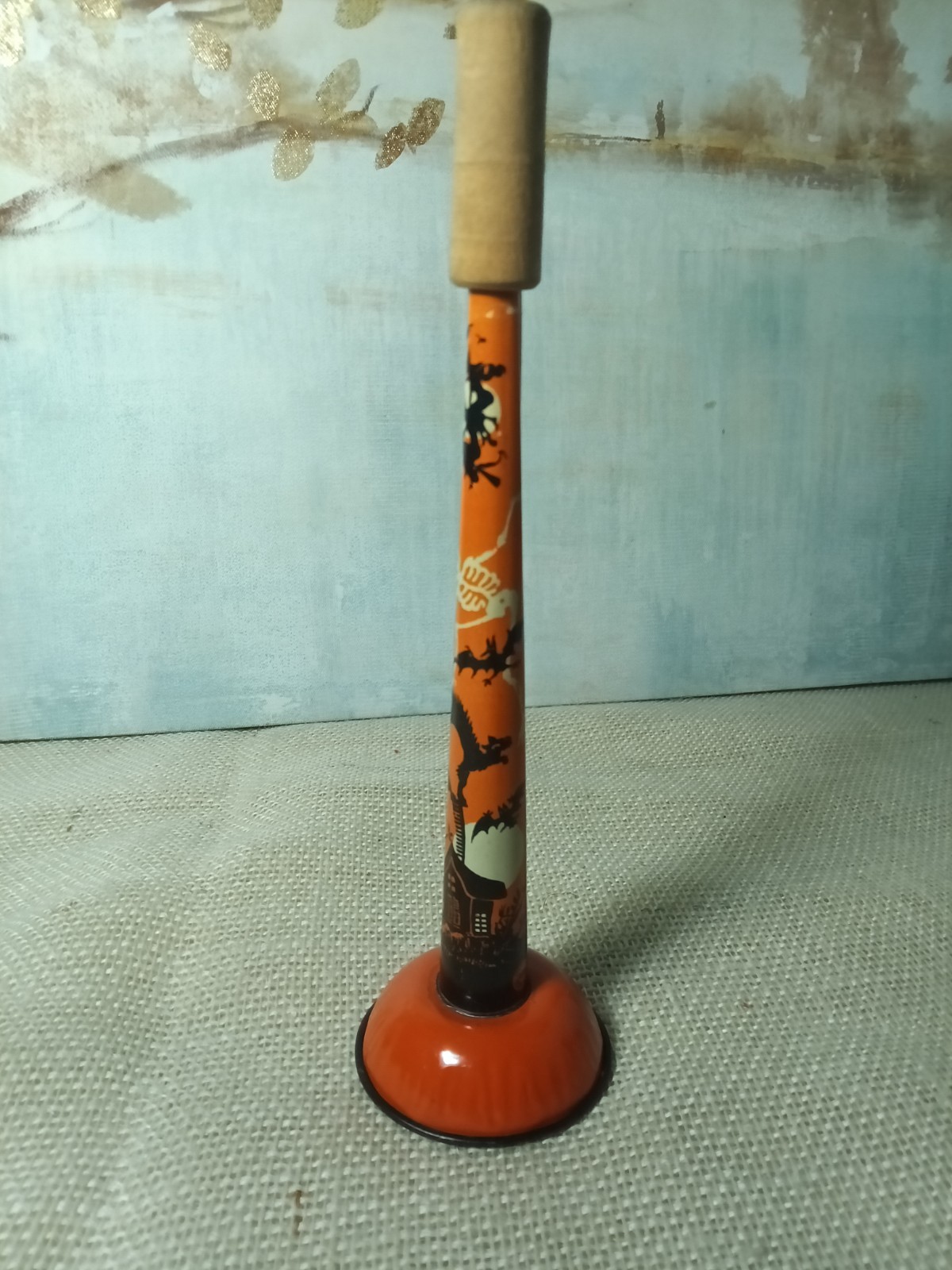 Vtg 1950s Halloween Tin Horn Noise Maker Witch Skeleton Bat T.Cohn USA 9”