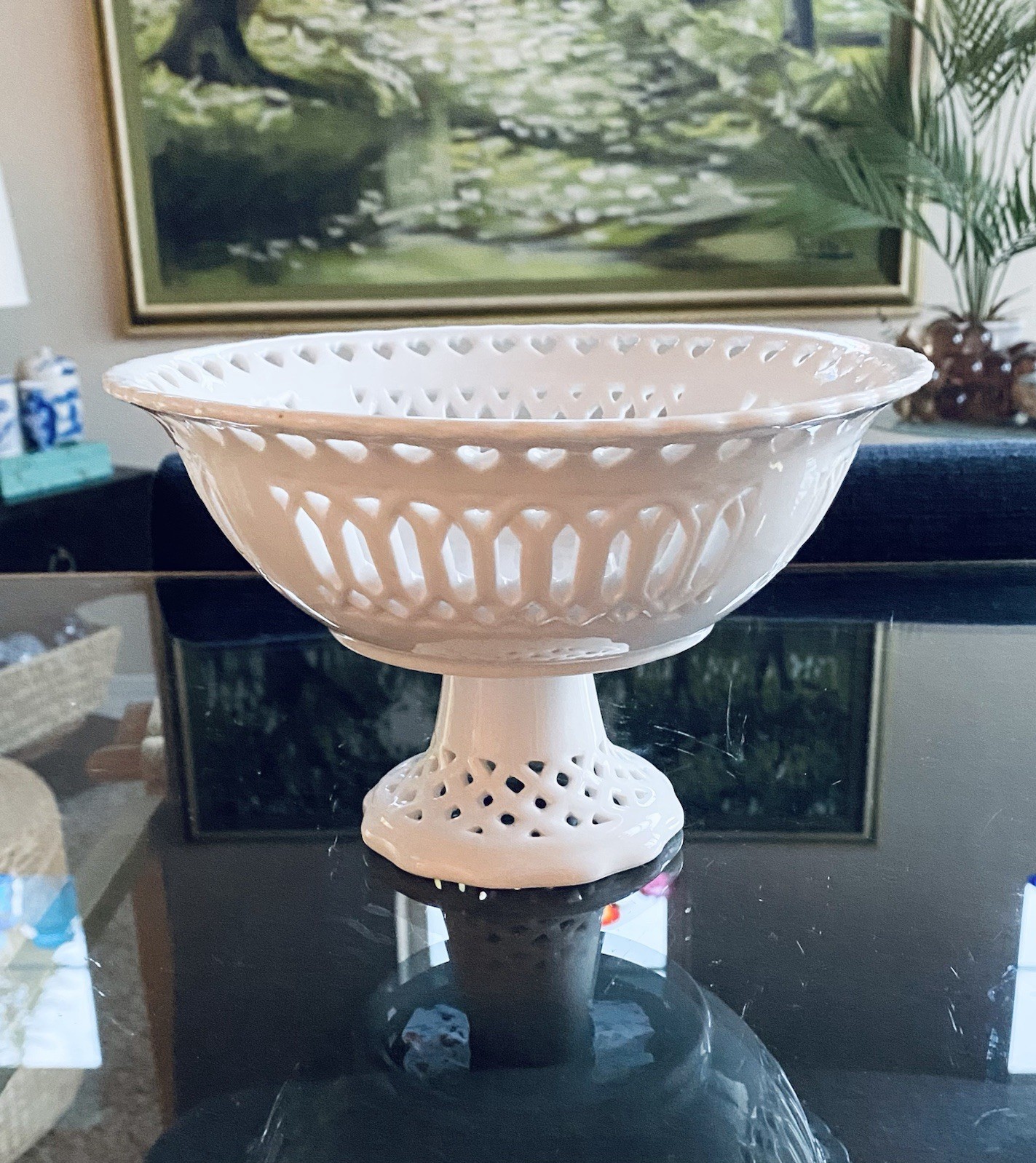 Vintage White Ceramic Reticulated Pedestal Compote Bowl Pierced Lattice Hearts
