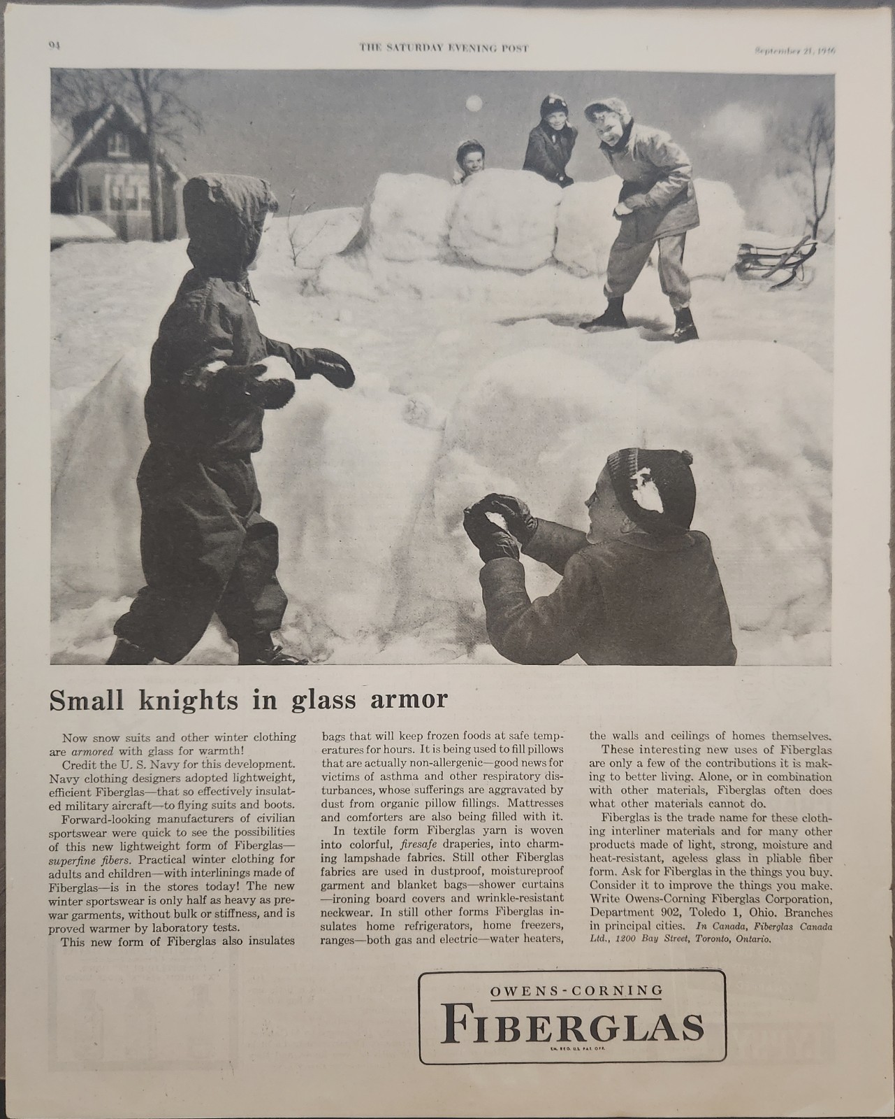 1946 Owens Corning Fiberglas Vintage Ad Small Knights in Glass Armor