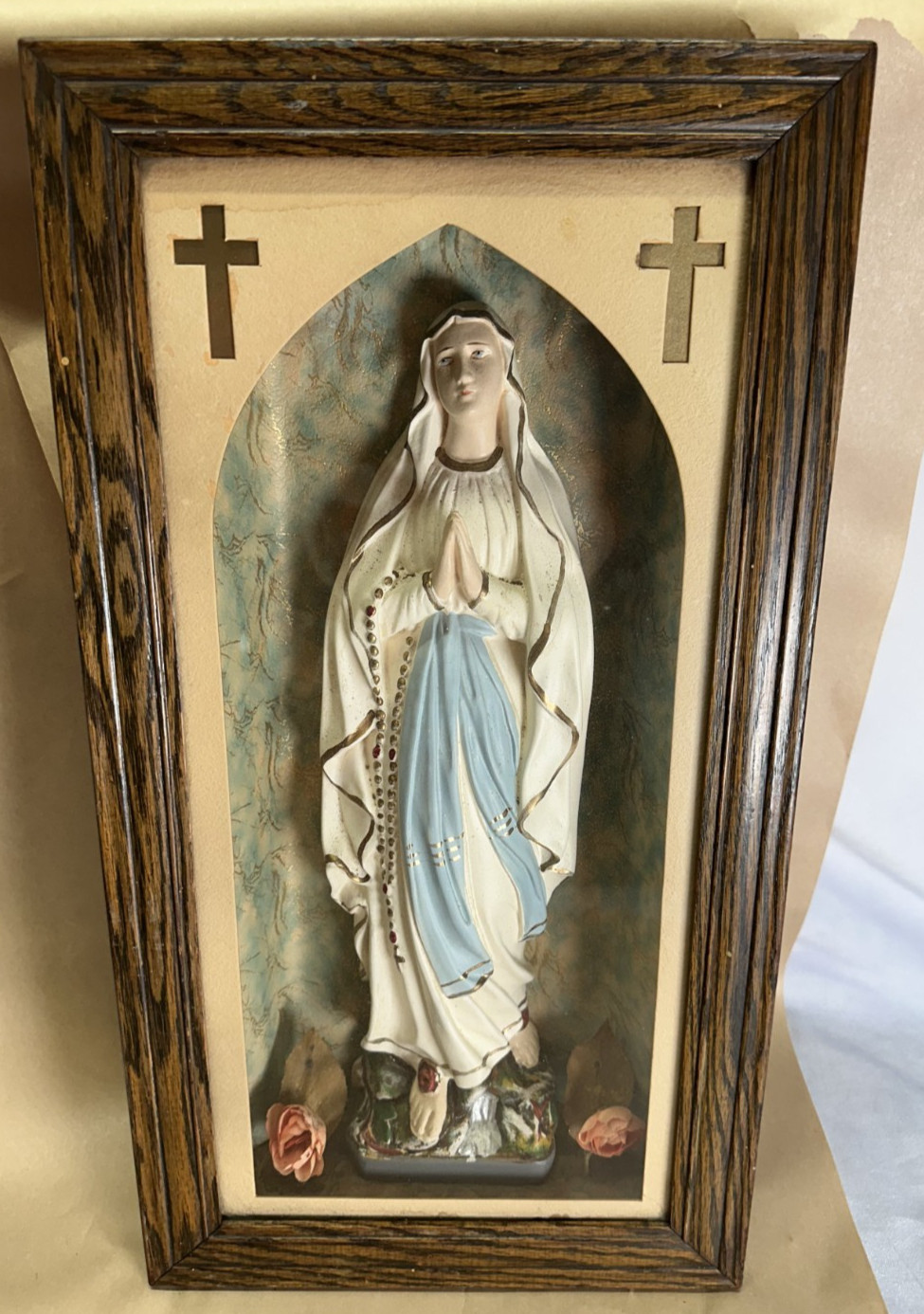 Antique “Our Lady Of Lourdes” (LATE 1800s) Virgin Mary Chalkware Altar Box -READ