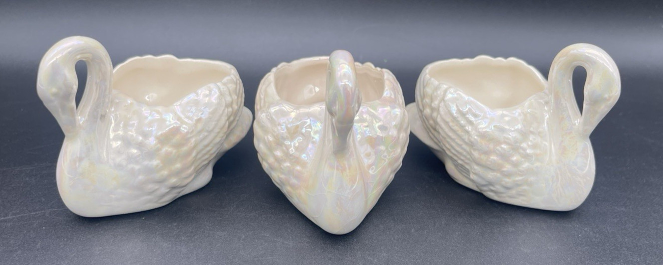 VTG 1985 Set of 3 White Iridescent Ceramic Swan Figurines Granny Chic Decor EUC