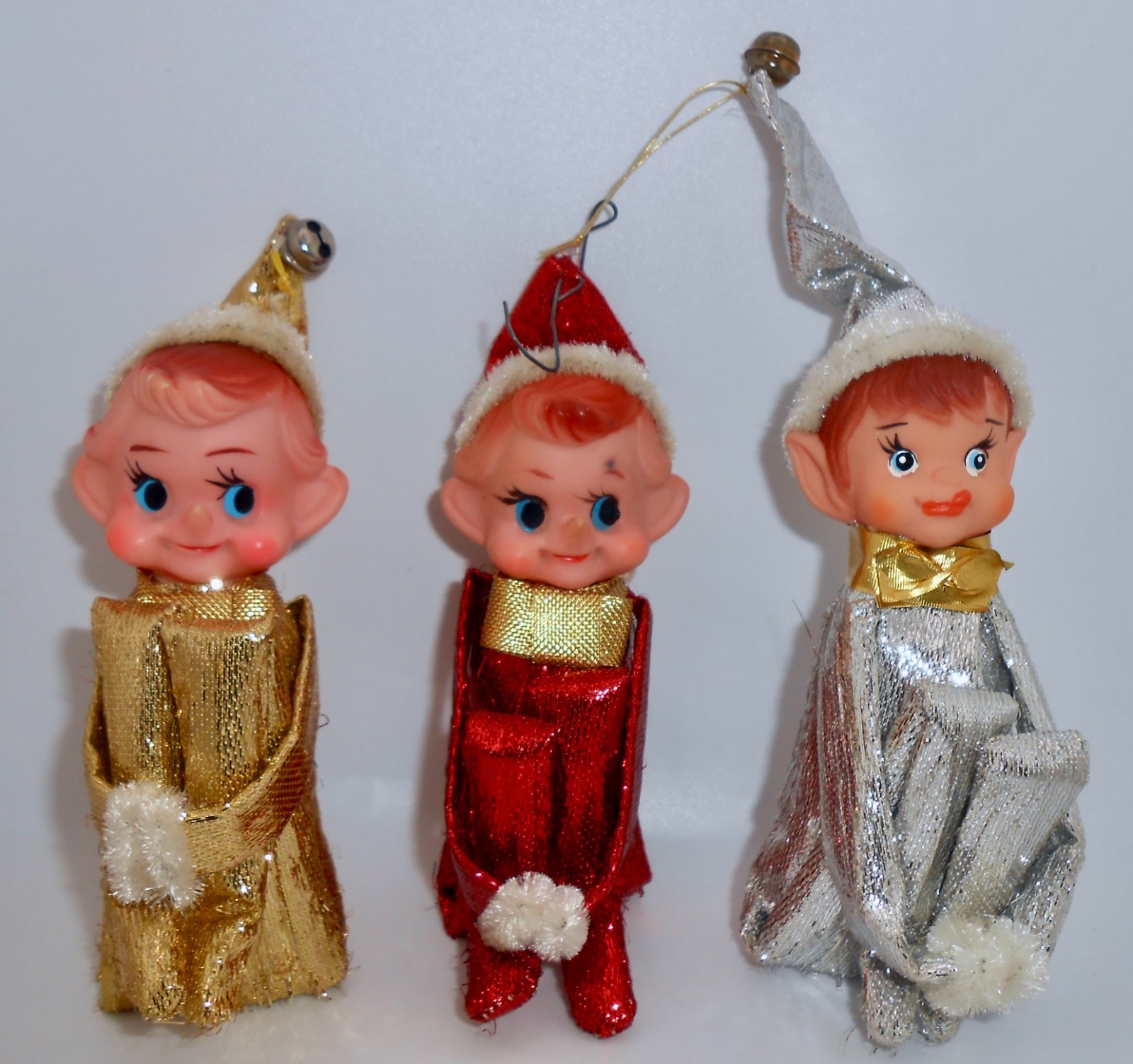 Vintage Elf Pixie Knee Hugger Christmas Ornament Lot Shiny Gold Red Silver H81