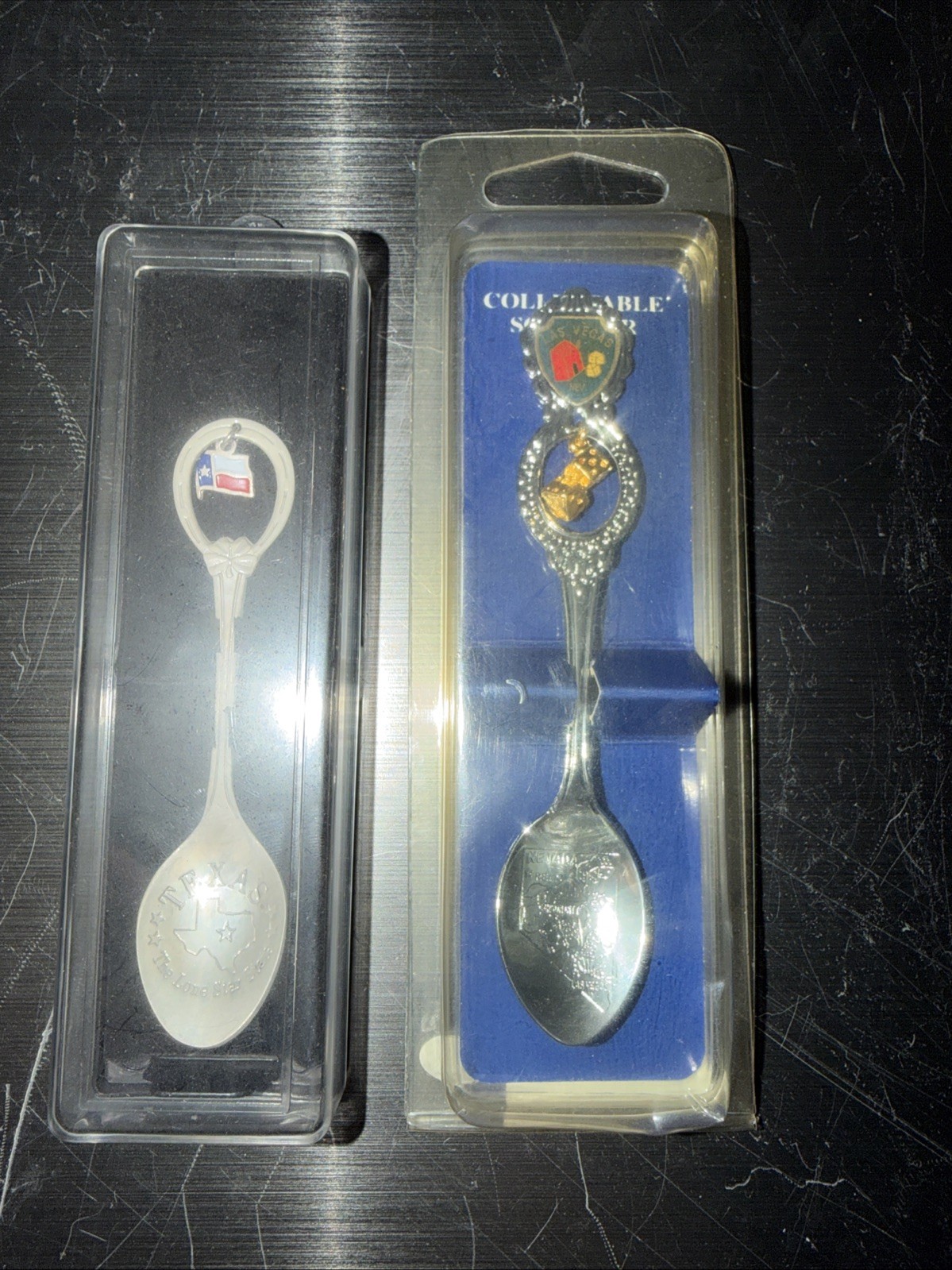 VTG Las Vegas Nevada Souvenir +  Texas Collectible Metal Enamel Spoon Silver