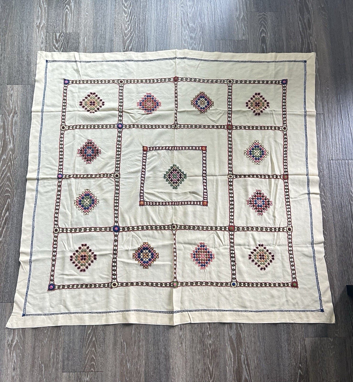 Vintage Hand Embroidered Table Cloth Traditional Czech Slovak 45x48 Boho