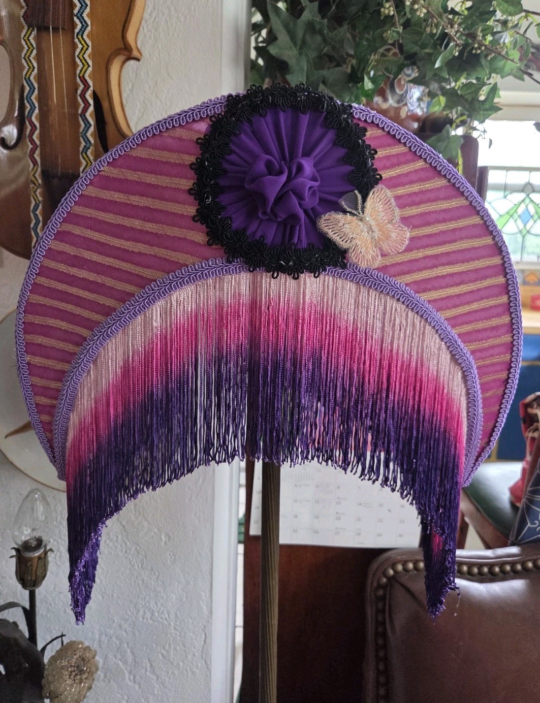 Fabulous  Victorian Style Half Moon Shape Lamp Shade, With fringes- Handmade 