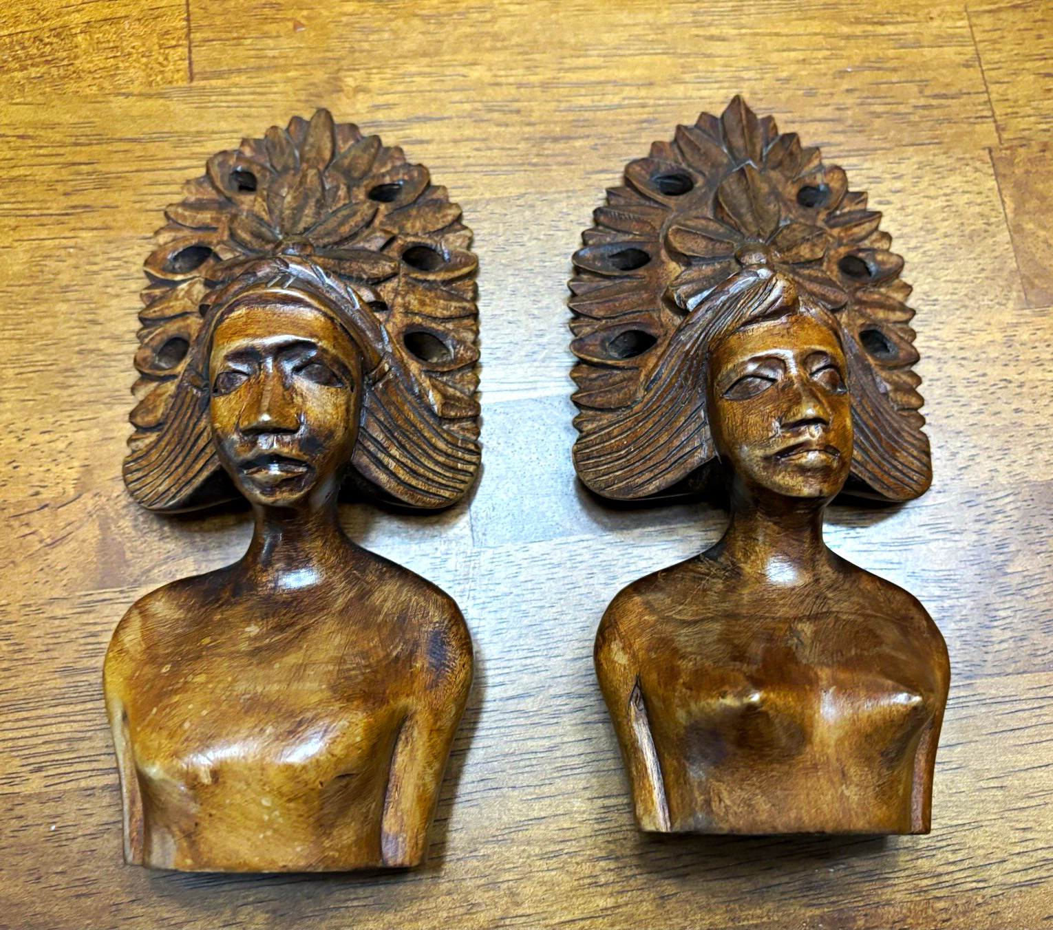 Pair of Vintage Hand-Carved Wooden - Bust Sculptures -