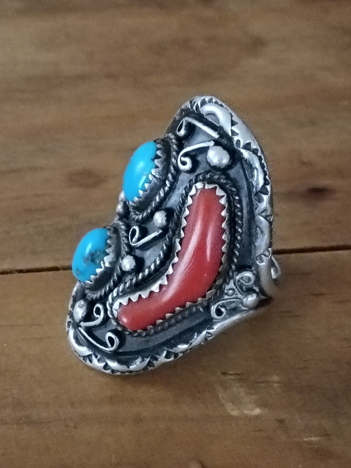 Vintage Navajo Sterling Silver Coral Turquoise Ring 23g Size 10.5
