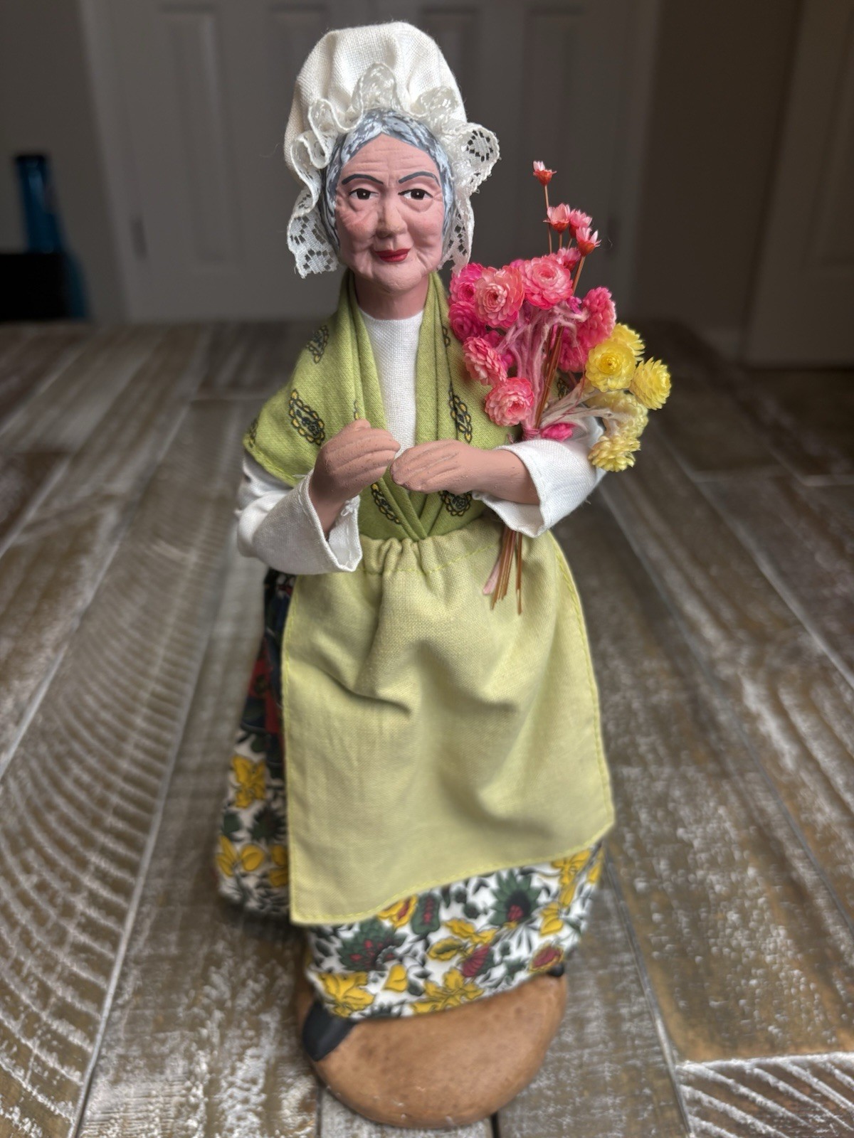 Vintage French Santons Sylvette Amy Clay Doll  Old Woman w/ Dried Floral Bouquet
