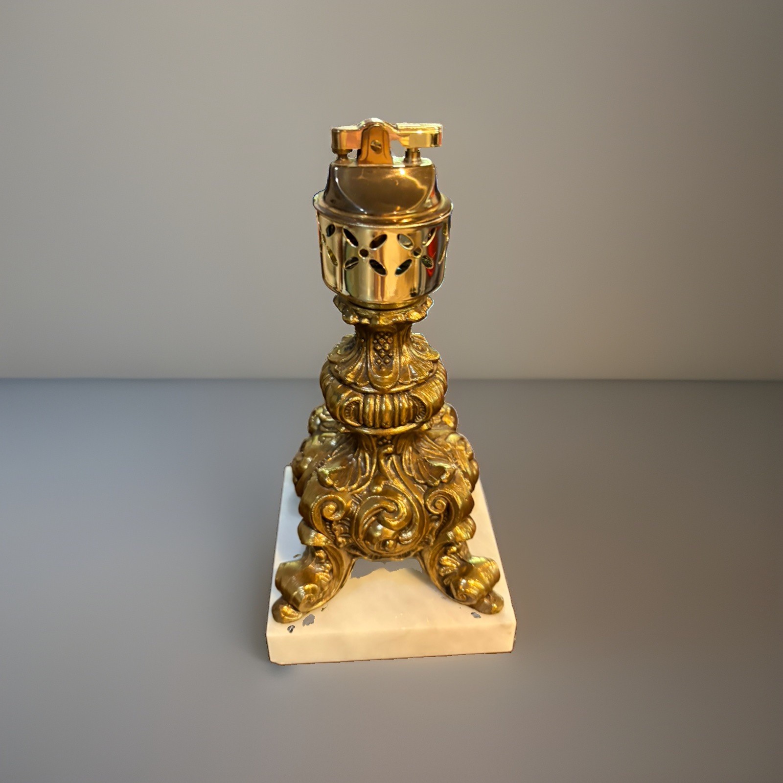Vintage Italian Brass Table Lighter Marble Base Rococo MCM Hollywood Regency