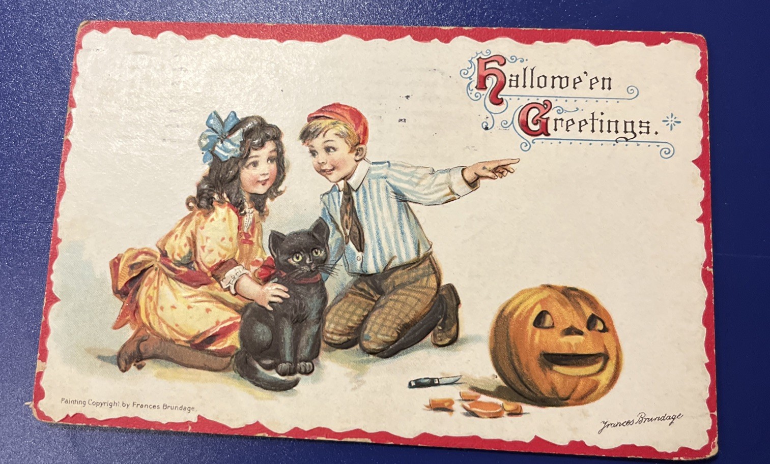 Antique Halloween Postcard  Brundage Series 121 Boy  Girl JOL Black Cat 1914