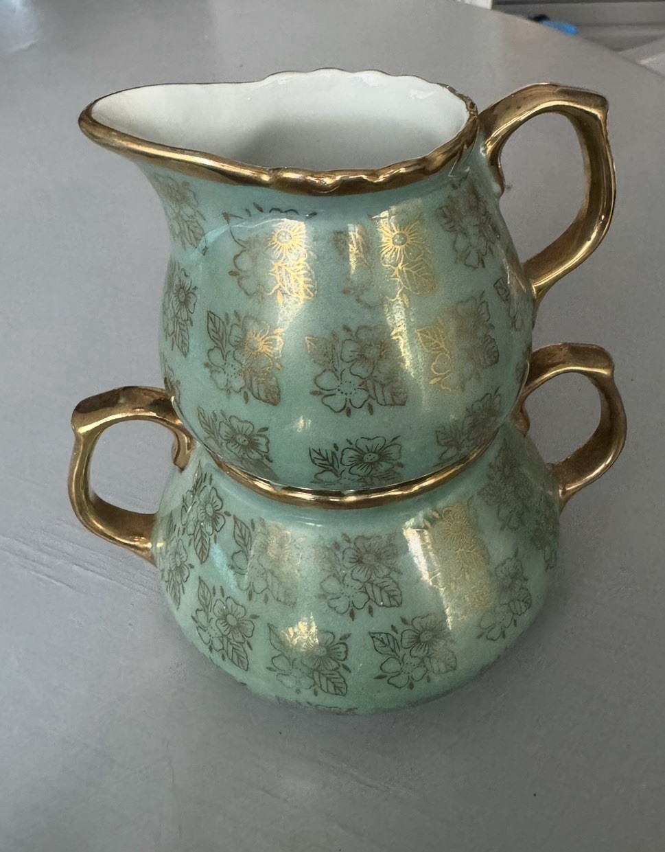 Vintage Nasco Del Coronado Japan Creamer Sugar Bowl Set Aqua Gold Floral